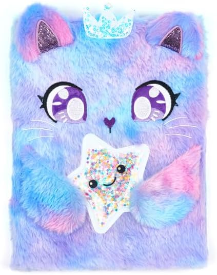 VOTUM Cat Princess Furry Sketchbook for Girls, 8x11 Plush Notebook with Crown & Star Charm, Soft Fluffy Journal & Diary for Drawing, Writing, Birthday, Christmas for Girls