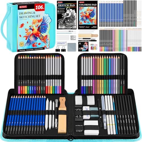 106 Pack Drawing Set Sketching Kit, Pro Art Supplies Sketch Pencils Set