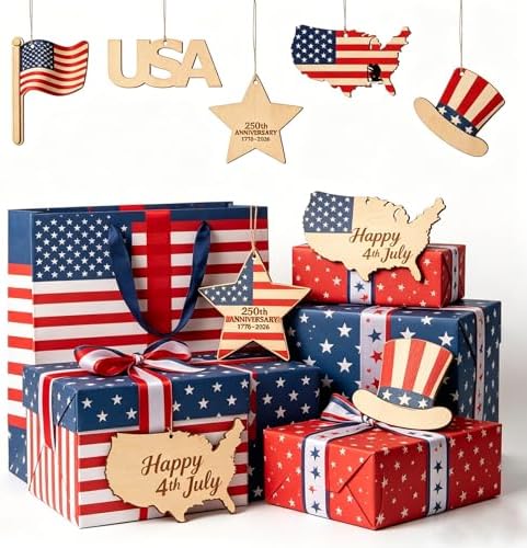 30Pcs Patriotic July of 4th Independence Day Unfinished Wooden Gift Ornaments DIY Craft Activity Paintable Blank Cutouts Hanging Wood Slices for Memorial Day Classroom Art Crafts Party Supplies