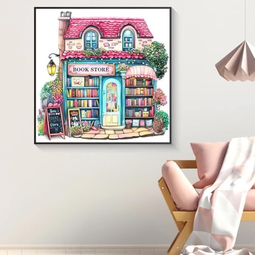 Pink Bookstore Diamond Painting Kits for Adults, 5D Diamond Art Painting by Numbers Kits, DIY Diamond Dots Art Kits, Full Round Drill Diamond Paintings for Adults for Home Wall Decor, 13.8x13.8 in