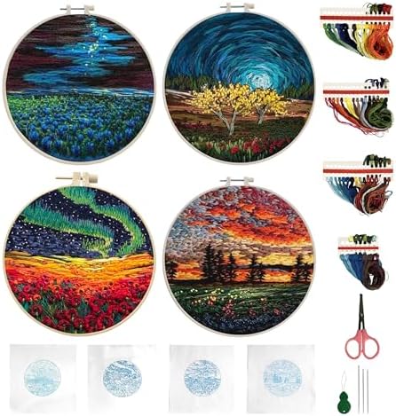 Maydear 4 Pack Embroidery Starter Kit with Pattern, Stamped Cross Stitch Kits for Beginners Adults with Embroidery Hoop and Instructions, Hand Embroidery Kit (Embroidery kit flower2)
