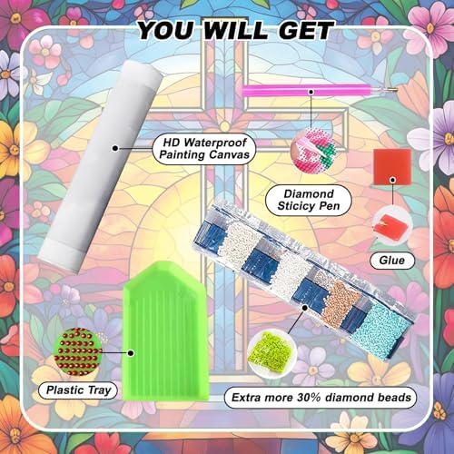 VeGuude Religious Cross Diamond Art Kits for Adults, Full Drill Flower Diamond Painting Kits for Beginners, DIY Full Rhinestone 5D Diamond dots (Gemstone Craft), Home Wall Decoration (12x16 inch)