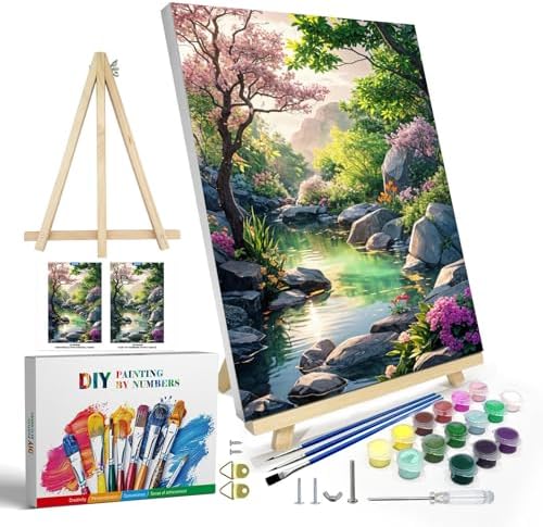 JOOZ Paint by Numbers Kit for Adults with Frame, Landscape Paint by Number Canvas, Mountain Paint by Numbers with Easel, DIY Flowers Scenery Oil Painting Kit for Home Wall Decor 8 x 12 Inch