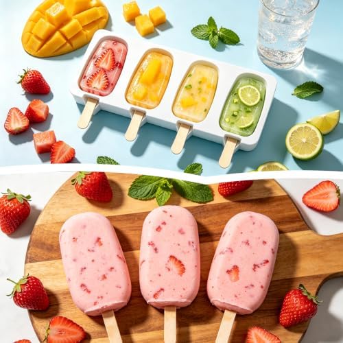 Popsicles Molds, 2Pcs Homemade Cake Pop Molds with Wooden Popsicles Sticks, Reusable Silicone Ice Pop Cream Cakesicle Maker Mold 4 Cavities for Home DIY Craft, White