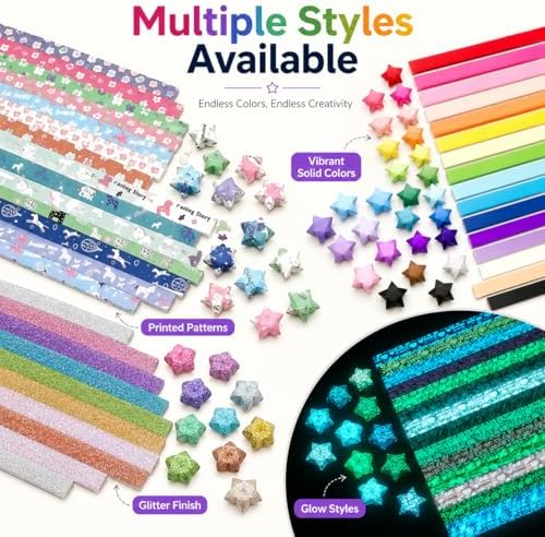840 Sheets Luminous Origami Stars Papers with 4 Different Designs, Origami Star Paper Strips Lucky Star for DIY Arts Crafting, Handicraft (Multicolor)