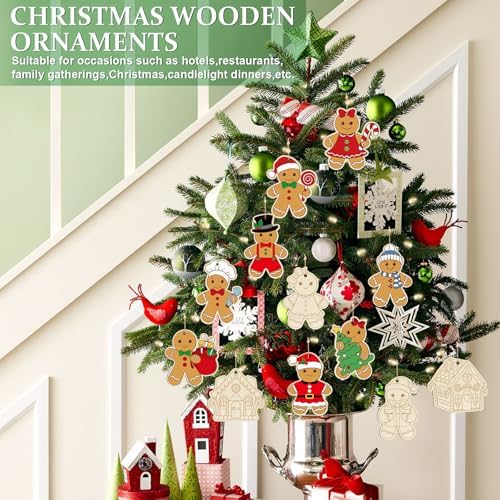 80PCS Wooden Christmas Ornaments to Paint, 8 Styles DIY Blank Unfinished Wood Gingerbread Man Cutouts Ornament for Crafts Winter Hanging Decorations