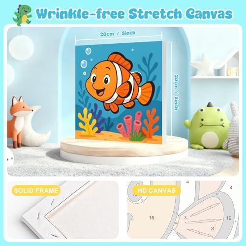 Paint by Numbers Kit for Kids with Frame, Fish Painting, No Easel, 8"x 8"