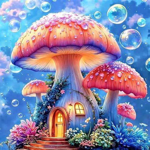 TYPUSOK Mushroom Diamond Art Kits for Adults,Round Full Drill 5D Diamond Painting Kits for Beginners,Mushroom House DIY Diamond Dots Pictures Gem Art Kit,Home Wall Decor 13.78x13.78in