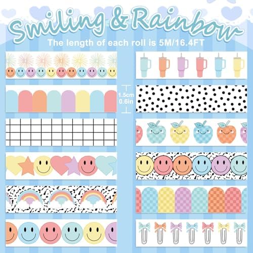 JarThenaAMCS 12 Rolls Washi Tape Composition Notebook Classroom Decor Pastel Smile Rainbow Decorative Masking Tape Set Preppy Wrapping Paper Tapes for Back to School Scrapbook Journal DIY Art Crafts