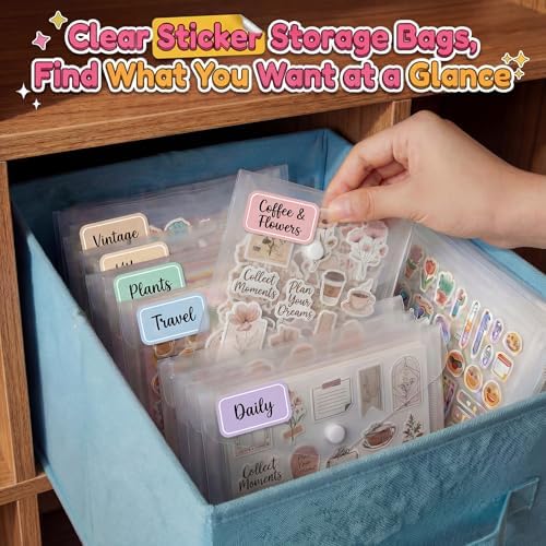 Sticker Organizer, Clear Plastic Envelopes with Snap, 12 Pack Waterproof and Durable for Sticker Storage, Scrapbook Storage, Washi Tape, Scrapbooking & Stamping Supplies (Mixed Sizes)
