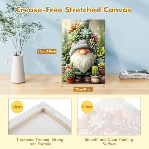 Bowetile Framed Paint by Numbers Gnome Kit for Adults, Adults' Paint-by-Number Kits on Canvas, Painting by Numbers Succulents, DIY Acrylic Number Painting for Home Wall Decor, 8x12in