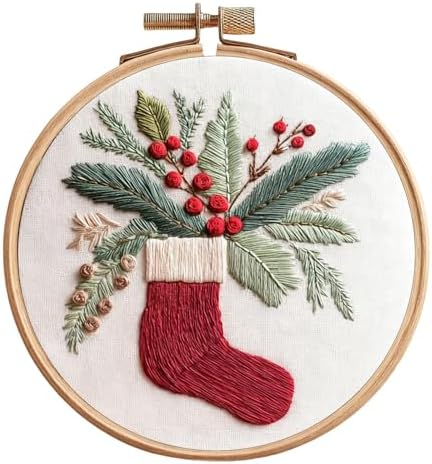 IUHUI Embroidery Kit for Beginners Adults - Anticipated Christmas Patterns, DIY Hand Stitching Embroidery Set with Hoop (Christmas Stocking Greenery)