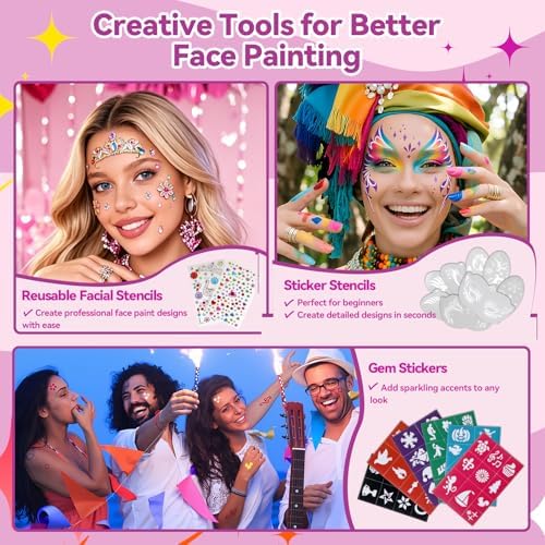 Face Painting Kit for Party, 42 Color Non-Toxic Water Activated Face Paint Palette for Artist Festival Stage Cosplay Birthday Parties Makeup Set with Stencils, Gems, Brushes TA641KIT