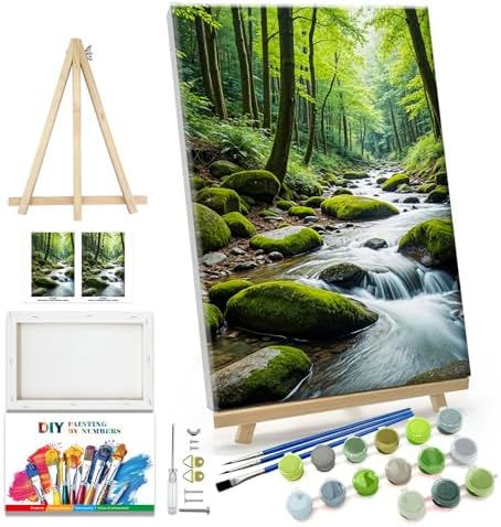 JOOZ Paint by Numbers Kit for Adults with Frame Landscape Paint by Number with Easel Forest Adult Paint by Number Kits Framed Canvas Tree Oil Painting Kits for Gift Home Wall Decor 8x12 Inch
