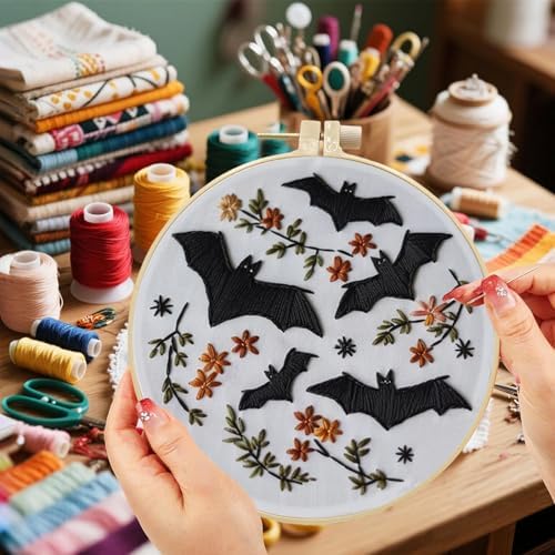 Floral Witch Hat Embroidery Kit Halloween Cross Stitch Material Set with Bat Skull Flower Pumpkin Patterns, DIY Hand Needlepoint Embroidery Craft Kit for Beginners Professional (Floral Bats)