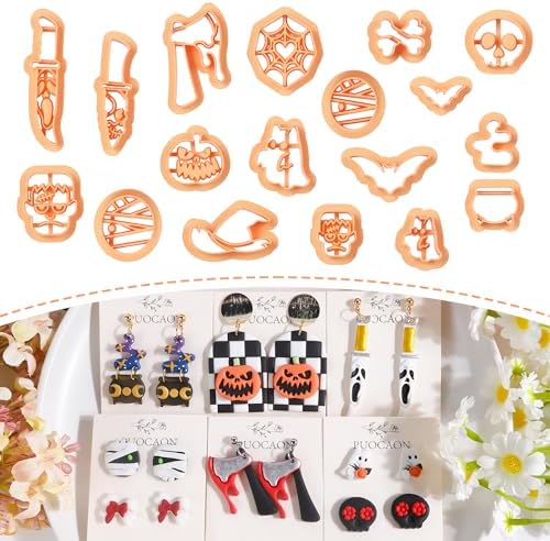 Puocaon Halloween Polymer Clay Cutters - 18 Pcs Horror Ghost Bat Halloween Clay Cutters for Polymer Earrings Jewelry Making Thriller Movie Design