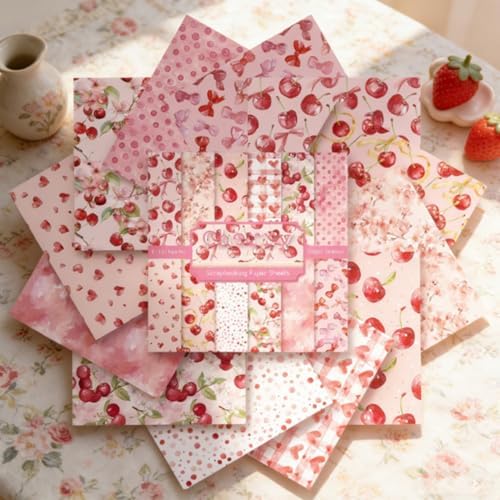 6in Pink Cherry Scrapbooking Paper Pad, 24 Sheets Aesthetic Patterned Decor for Collage Decoupage Junk Journals Wrapping Folded Materials Arts Gift Card Making DIY Crafts Origami Photo Album