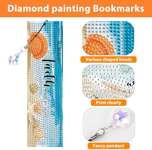 Mandun 4 Pcs Beach Diamond Painting Bookmark Kits, Special Shaped Diamond Art Bookmarks with Pendant, DIY Beach Diamond Art Bookmarks with Tassels Crafts Gifts Supplies