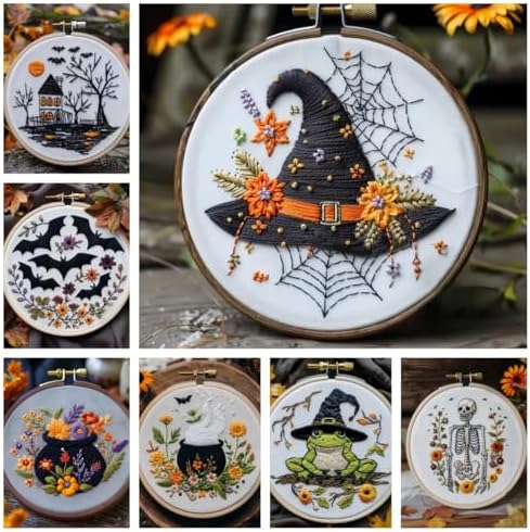 Floral Witch Hat Embroidery Kit Halloween Cross Stitch Material Set with Bat Skull Flower Pumpkin Patterns, DIY Hand Needlepoint Embroidery Craft Kit for Beginners Professional (Floral Bats)