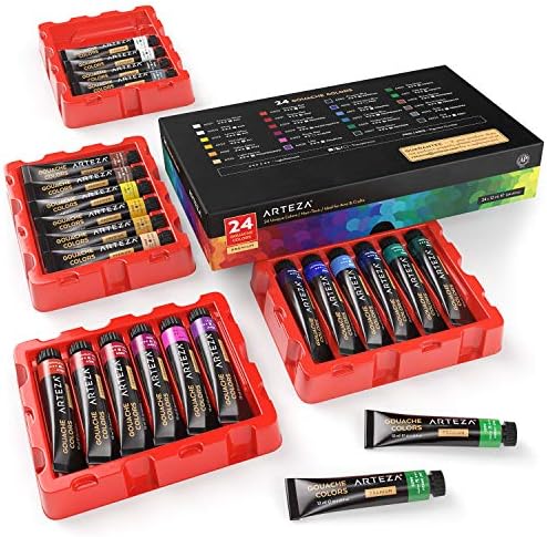 ARTEZA Gouache Paint, Set of 24, 12ml/0.4 US fl oz Gouache Paint Tubes, Gouache Set for Adults and Students