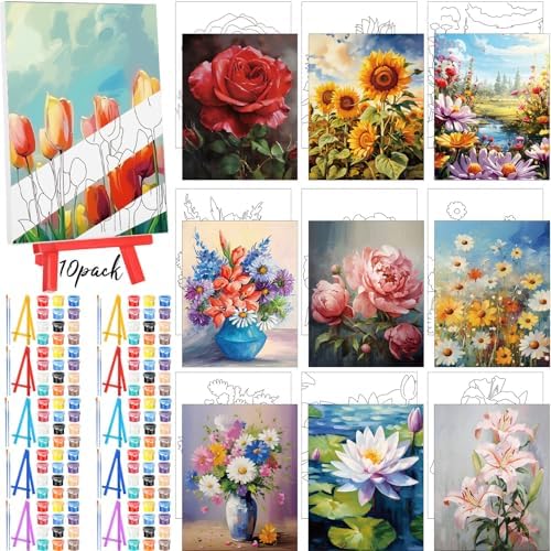 Blosssound 10 Set Pre Printed Canvas Pre Drawn Canvas Painting with Easel Kits 5" x 7" Outline Painting Panels for Beginners, DIY Craft Project, Party Favor, Home Decors(Flower)