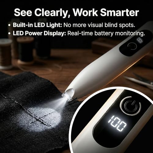Electric Seam Ripper for Embroidery - Professional Stitch Remover Tool with LED Display & Light, Precision Embroidery Removal Tool, R-Shaped Safety Ceramic Blade for Sewing, Quilting, DIY (White)