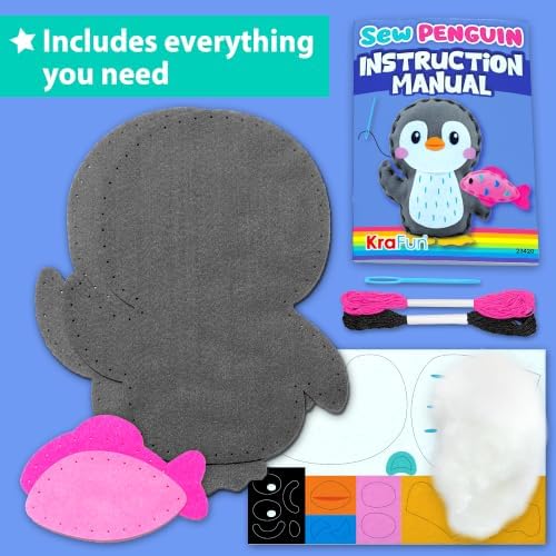 KRAFUN Beginner Sewing Kit, Sew Penguin & Fish, Pre-Cut Felt, Kids Ages 5+