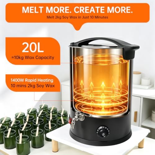 FAST MELT 20L Electric Wax Melter for Candle Making, 1400W Large Wax Melting Pot with Pour Spout, 30–110°C Temp Control, Stainless Steel Wax Heater with Heat Gun, Gloves & Measuring Cup, AC 120V