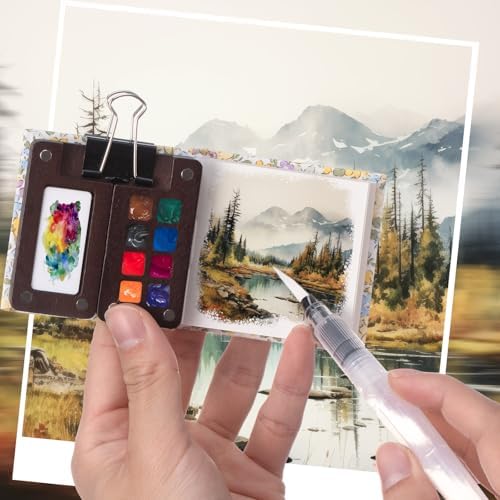 Qilery Mini Portable Watercolor Palette Set Wooden Grid Paint Box Watercolor Paper Sketch Book Brush Pens with Binder Clip for Painters Artist Not Include Paint(Winter Jasmine)