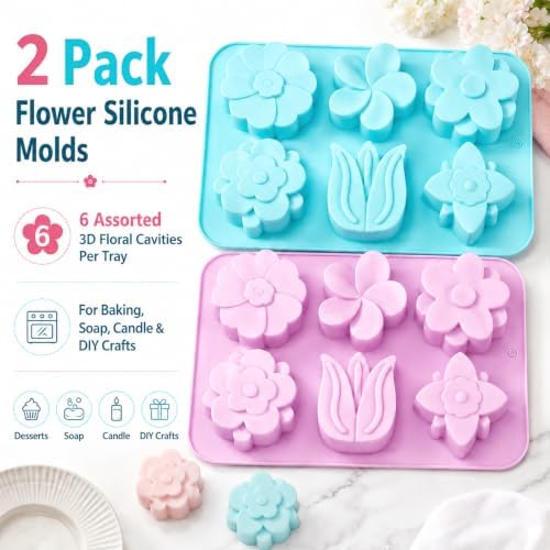2 Pack 6 Cavity Tulip Flower Silicone Molds, Food Grade Flexible Reusable Molds Easy Release for Soap Bath Bomb Chocolate Candy Jelly Ice Cube, Microwave Freezer Dishwasher Safe