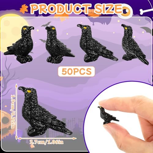 JUNEBRUSHS 50 Pcs Black Mini Resin Crow Halloween Table Decorations