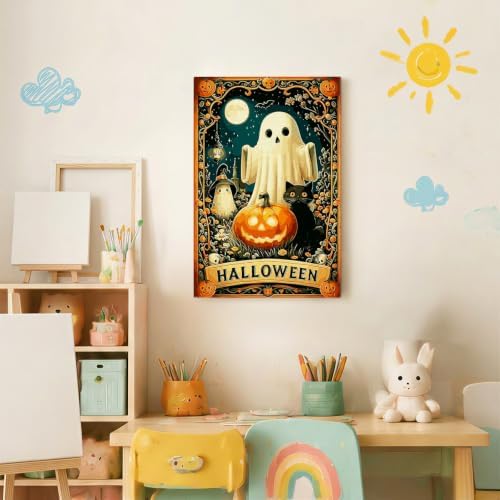 Spandrel Cute Halloween Ghost Paint by Number Kits for Adults, Black Cat Paint by Number Kits on Canvas, DIY Acrylic Oil Halloween Painting by Numbers Gitfs for Home Wall Decor, 8x12in