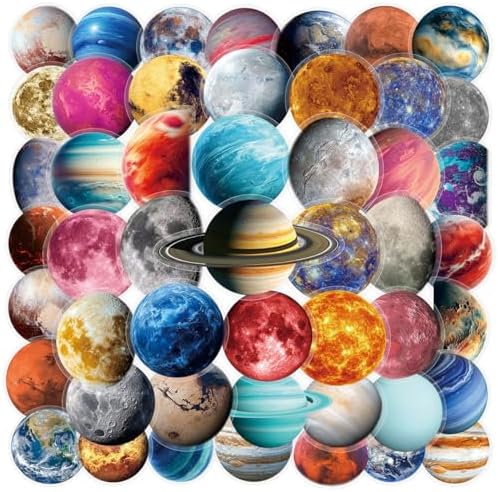 50pcs Celestial Body Stickers for Laptop Water Bottles, Transparent PET Waterproof Adhesive Star Decals Planet Sticker for Kids Birthday Party Scrapbook Phone (Star)