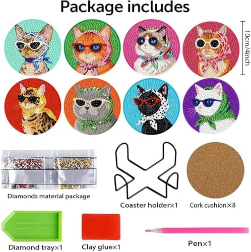 8 Pcs Cat Diamond Painting Coasters Kits with Holder,Cat Wearing Glasses Diamond Art Coasters with Wooden Pad for Adult,DIY Round Drill Gem Drink Coaster Art Craft Supplies for Home Decor 4x4 Inch.