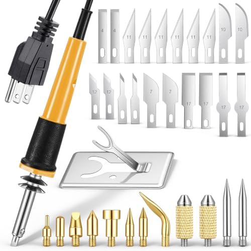 Honoson 42 Pieces Electric Hot Knife Cutter Tool, 24 Pieces Blades, 2 Blade Holders, 2 Chuck Sleeves, Metal Stand Hot Carving Knife for Cutting Carving Soft Thin Foam Cloth Stencil (Yelllow)