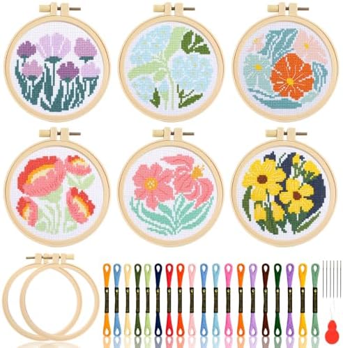 ZOIIWA 6PCS Flower Embroidery Kit for Beginners Adults Summer Cross Sewing Kits DIY Starter Hand Embroidery Kit with Needlepoint Patterns Hoop Threads Needles Instructions Craft Gift for Home Decor