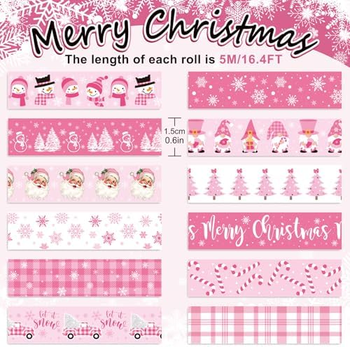 Whaline 12 Rolls Pink Christmas Washi Tape Winter Snowflake Santa Xmas Tree Washi Tape Christmas Holiday Pink Decorative Masking Tape Assortment for Scrapbook Journal DIY Crafts Gift Wrapping