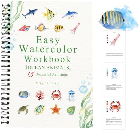 Watercolor Workbooks Ocean Animals, 15 Beautiful Paintings for Water Color Book Adult, Watercolor Coloring Book for Beginners, Watercolor Workbook for Adults Teens (Without Palette, Ocean Animals)