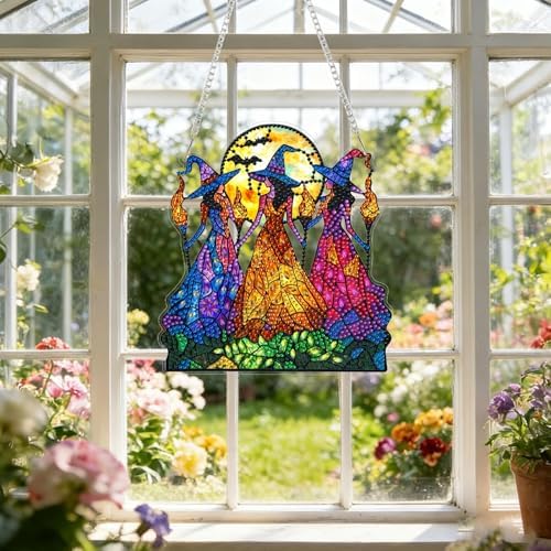 CRZMODE Witch Diamond Art Hanging Kit for Adults, Witch Pendant Diamonds Painting Art Kit, Special Crystal Diamond Art Painting Pendant Ornament, Craft Gift for Women Home Window Decor