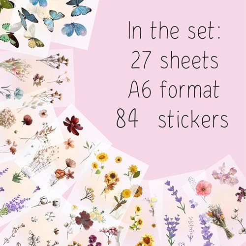 Transparent Flower and Butterfly Stickers for Scrapbooking, Journaling - Vintage Clear Floral Stickers - Waterproof Vinyl Nature and Aesthetic Decals, Gifts for Women & Men
