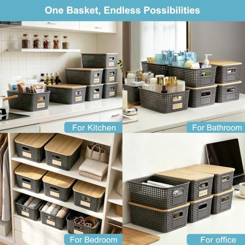 Bagnizer Small Plastic Storage Bins with Bamboo Lids 5.2qt Stackable Box Basket Pantry Decorative Containers Cute with Lable for Organizing Desktop Closet Office Gray of 6 packs 10 * 7.2 * 4.1"