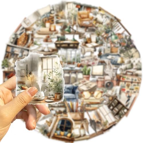 50pcs Home Art Stickers for Laptop Water Bottles, Transparent PET Waterproof Adhesive House Decals Retro Home Decor Sticker for Kids Birthday Party Scrapbook Phone (Retro-2)