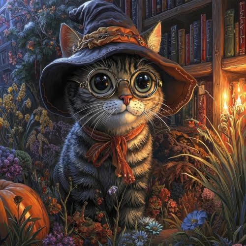 Hallloween Cat Diamond Art Kits for Adult Round Diamond Painting 14x14Inch