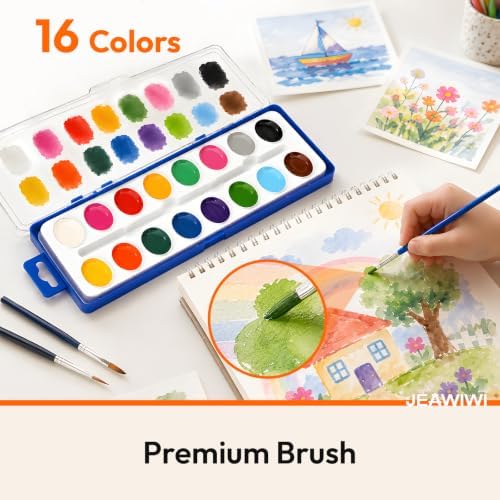JEAWIWI 24 Pack Watercolor Paint Sets, 16 Washable Colors, with Brushes
