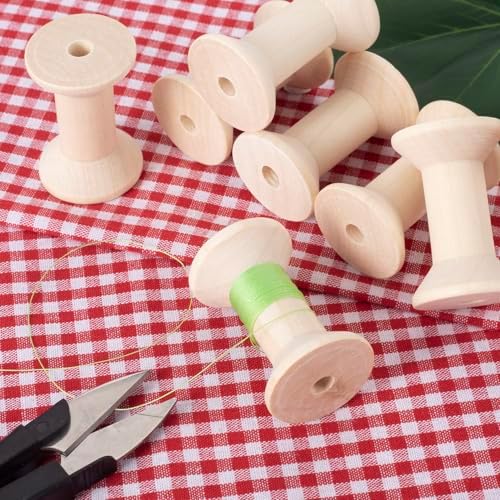 Pndeyo 8pcs Wooden Spools of Crafts, 2in Empty Natural Wood Thread Spools, Unfinished Wooden Textile Bobbin for Organizing Cord Twine Ribbon Chains Elastic Threads
