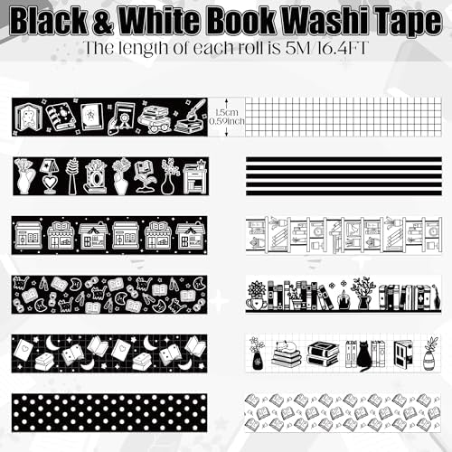 BkeeCten12 Rolls Black White Reading Book Library Theme Designs Washi Tape