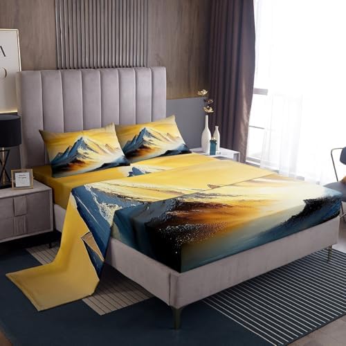 Natural Landscape Themed Bed Sheet Set Twin Size Golden Sunset White Snow Mountain Mattress Cover Artistic Sheets for Boys Girls Bedroom Golden with Flat,Fitted Sheet Pillowcase 3Pcs
