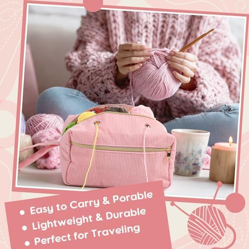 Bulyoou 2 Pcs Crochet Tote and Yarn Bag Set Corduroy Yarn Holder,Pink