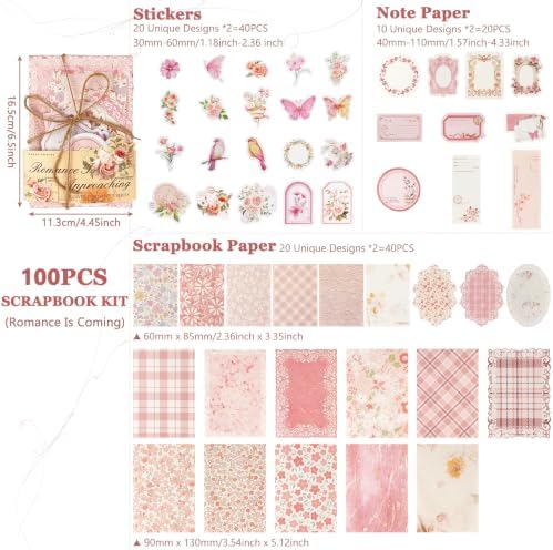 ZUFECY Pink Scrapbook Paper Kit, 100 Pieces, Vintage Floral Theme, for Junk Journal, Card Making, Planner Decor and DIY Crafts
