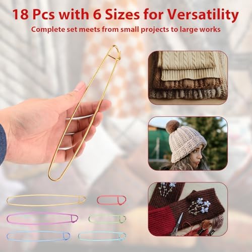 18Pcs 6 Size Metal Stitch Holders for Knitting Aluminum Handy Yarn Needle Versatile Crochet Hook Tools for Sweaters Socks DIY Quilting Sewing Colorful